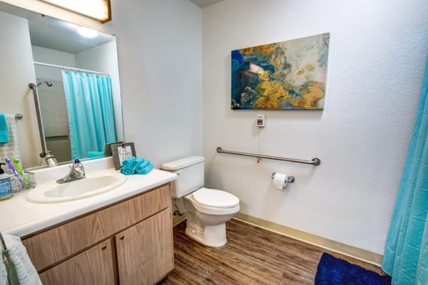 A well-lit bathroom featuring a sink, toilet, and turquoise accents.