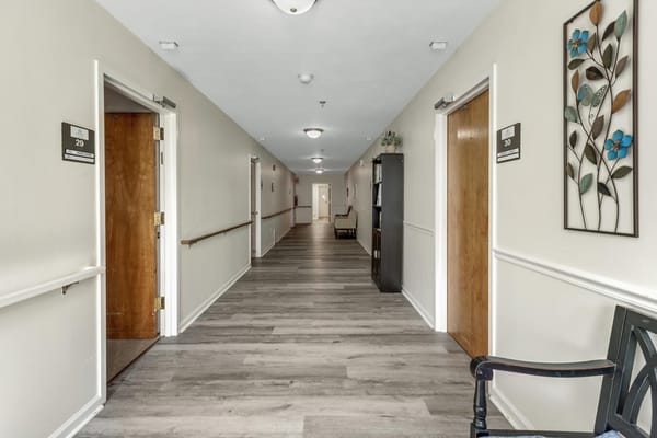 Interior hallway with doors and decorations