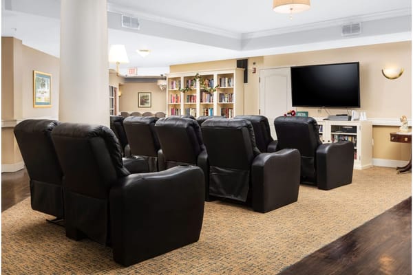 Reclining chairs in a lounge area with bookshelves and a TV