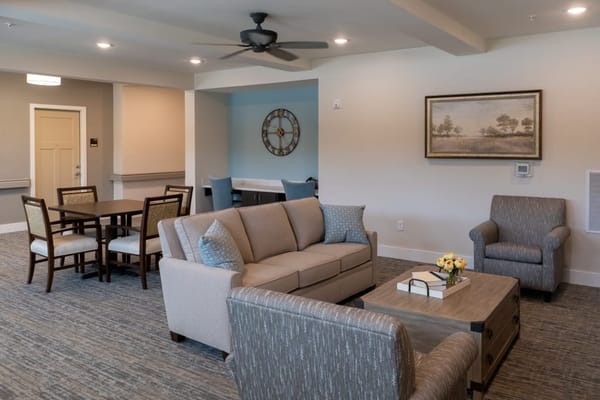 Comfortable common area with seating and dining table