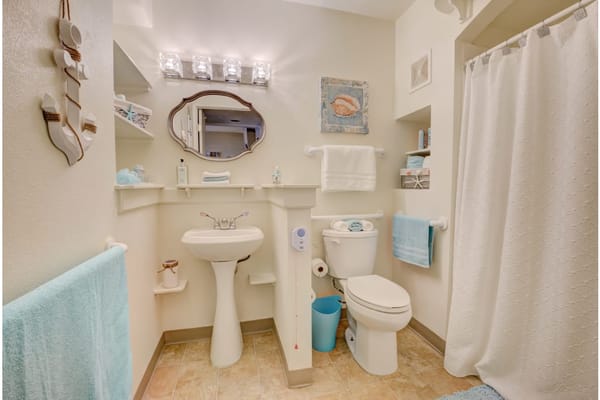 Brightly lit bathroom with sink, toilet, and decorative elements