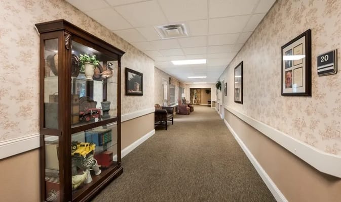A well-decorated hallway with display cabinets and artwork