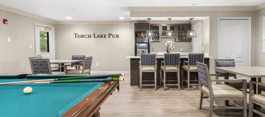Interior view of Torch Lake Pub with pool table and bar seating