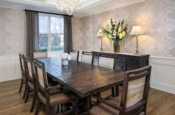 Elegant dining room setting with large wooden table