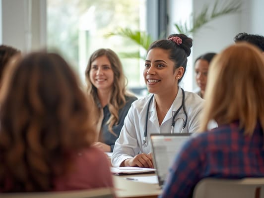 Healthcare professional engaging with a group of people