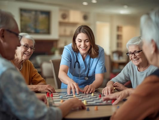 Residents engaging in a game with staff oversight