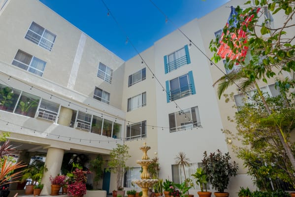 Courtyard with plants and a fountain