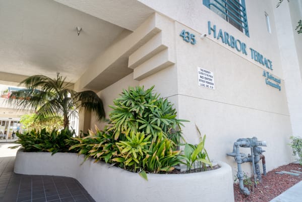Exterior view of Harbor Terrace Retirement Community entrance
