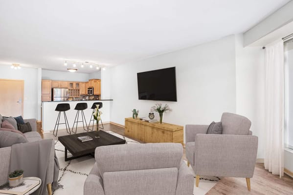 Bright and inviting living area of a senior apartment