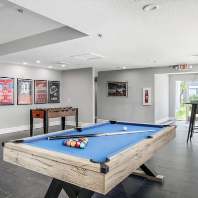 Activity room with billiards and foosball tables