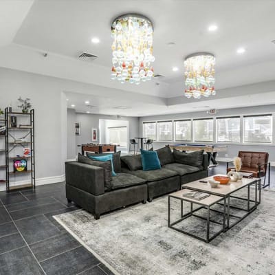 Interior view of a cozy common area with seating