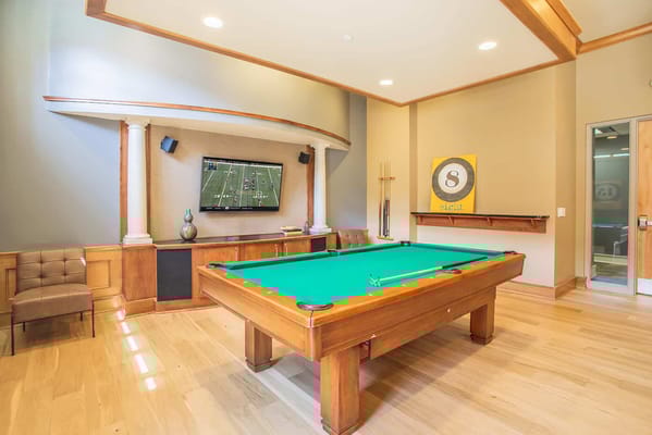 Interior activity room with a pool table and TV