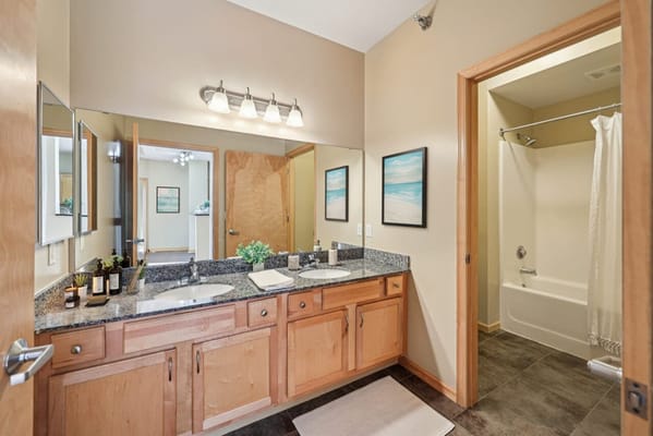 Modern bathroom with dual sinks and natural light