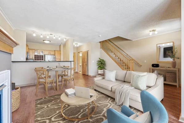 Bright interior common area with seating and decor