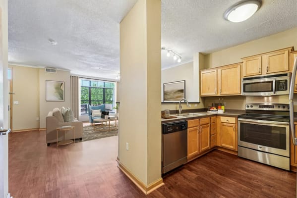 Interior view of a modern kitchen and living area