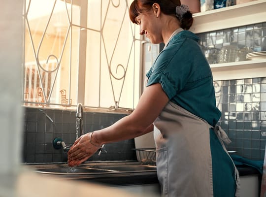 Staff member washing hands in the kitchen