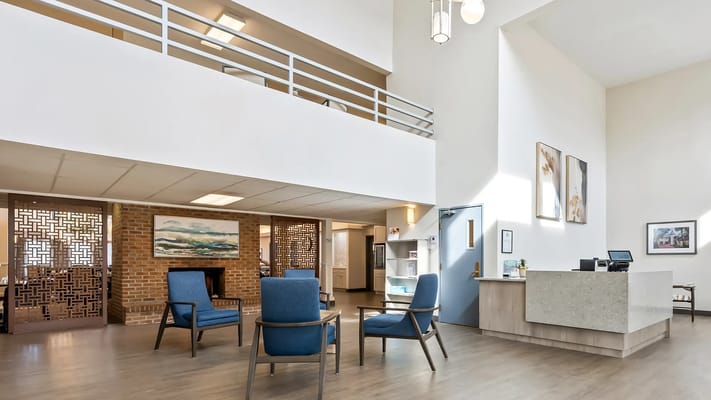 Bright lobby area with comfortable seating