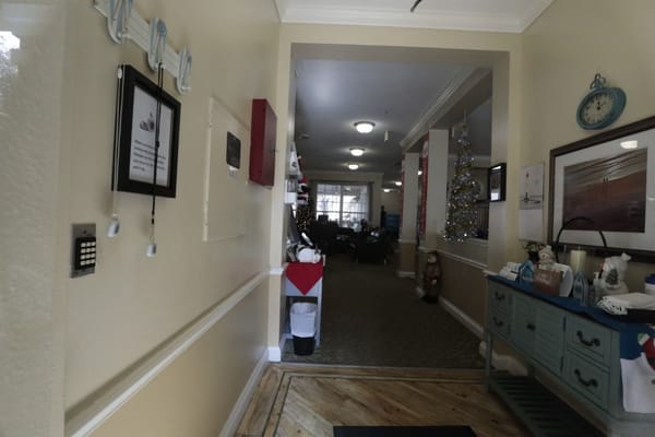 Interior hallway decorated for the holidays