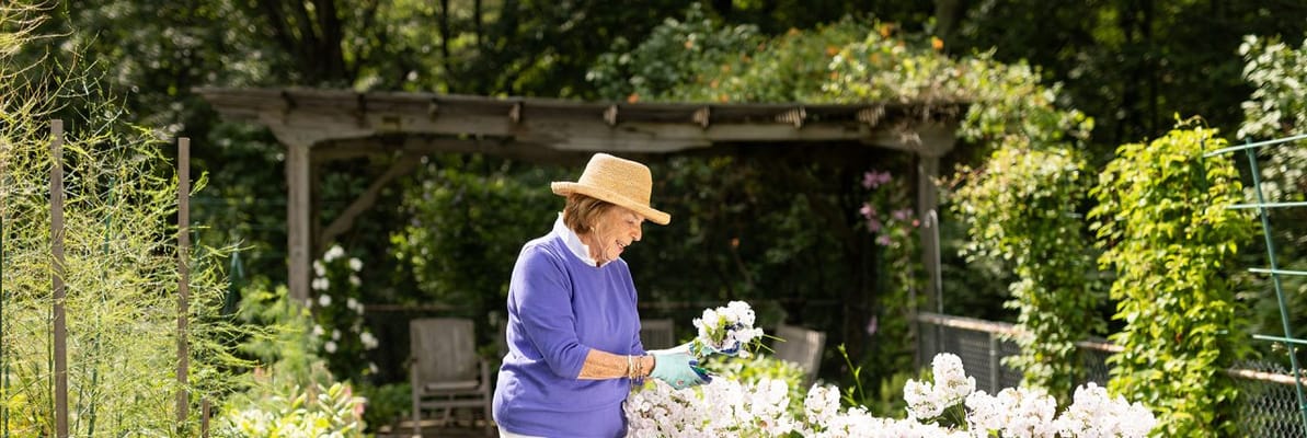 Resident tending to flowers in the garden.