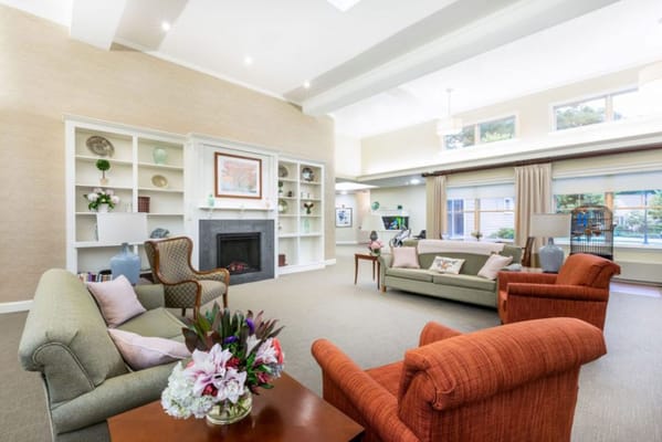 Bright common area with seating and decor