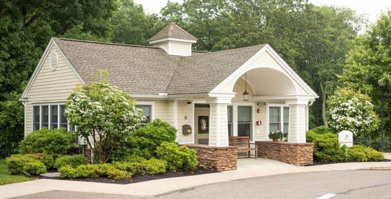 Exterior view of a building with landscaped surroundings