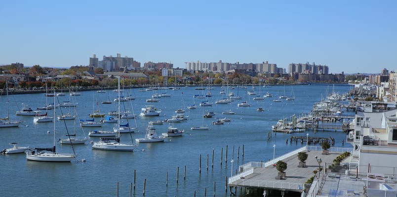 View of a marina with numerous sailboats