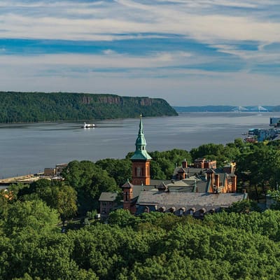 Aerial view of a historic building near a river