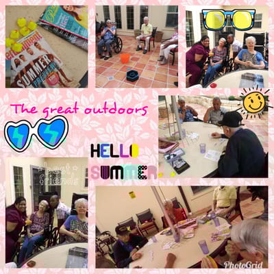 Residents enjoying outdoor activities with staff