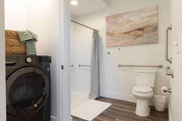 Bright interior photo of a modern bathroom