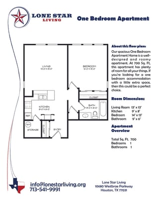 Architectural floor plan of a one bedroom apartment