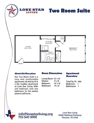 Floor plan of a two-room suite at Lone Star Living