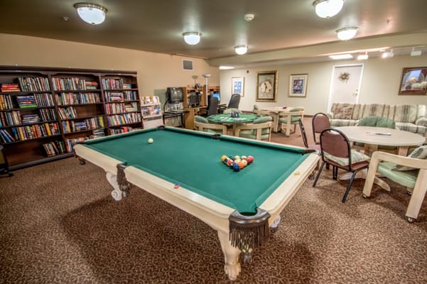 A billiards table surrounded by seating and bookshelves in a cozy lounge area.