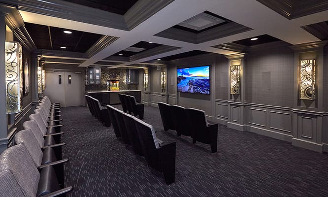 Interior view of a sleek common area with seating