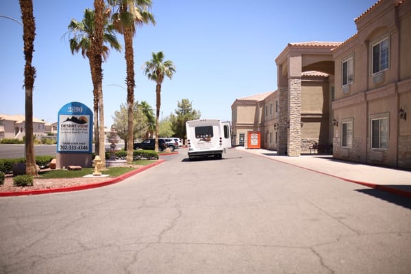 Exterior view of Desert View Senior Living with facility transport