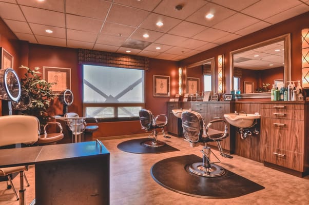 Brightly lit hair salon in a senior facility