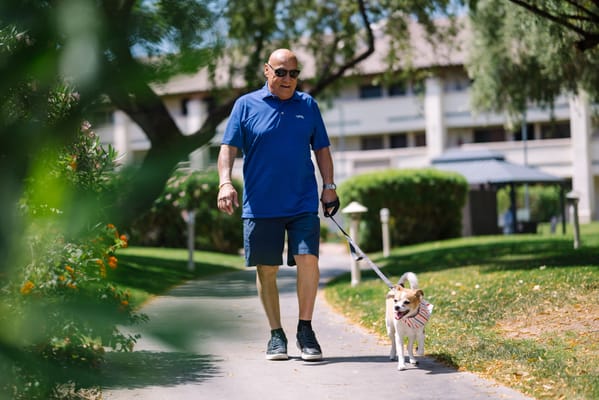 A resident walking a dog along a path