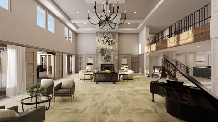 Spacious living room with chandelier, piano, and seating area.