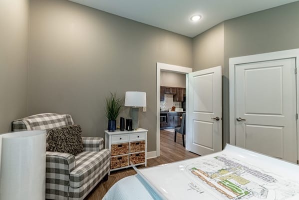 Cozy private resident room with a view of the kitchen