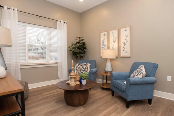 Cozy interior seating area with blue chairs and decor