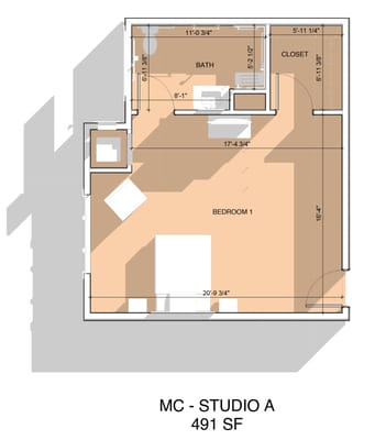 Architectural floor plan for a studio apartment