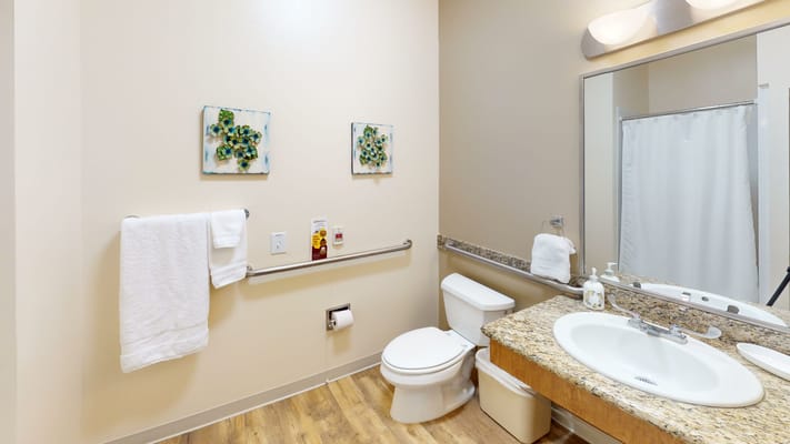 Bright bathroom with a sink, toilet, and decorative artwork