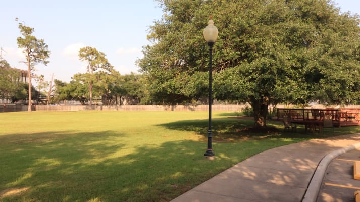 A well-kept grassy outdoor area with trees and benches