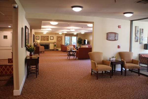 Bright common area with seating and decor