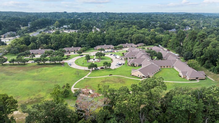 Aerial view of the assisted living facility and gardens