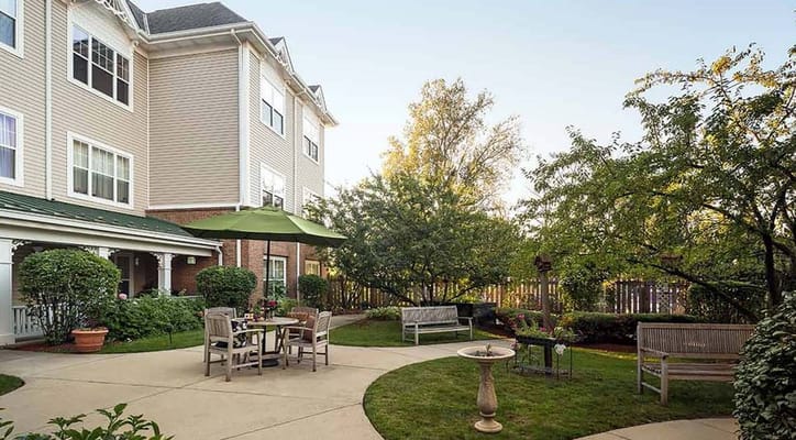 Serene outdoor courtyard with seating and greenery