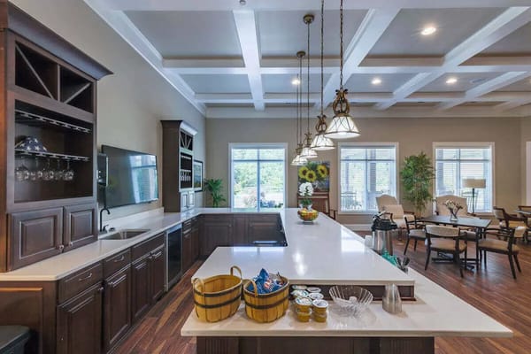 Interior view of a dining area with a counter and seating