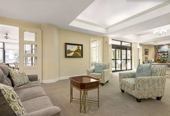 Bright interior common area with seating