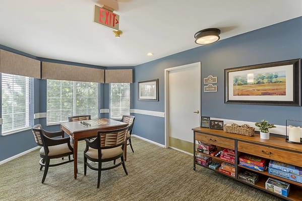 Common area with a chess table and board games