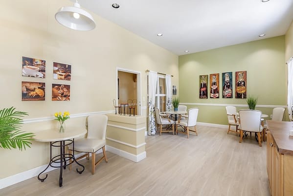 Bright common area with seating and decor