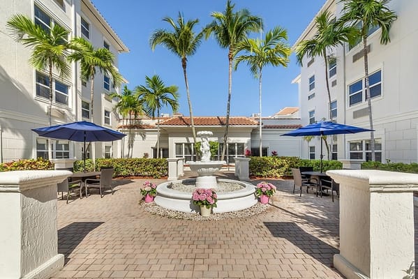 Outdoor courtyard with palm trees and seating areas